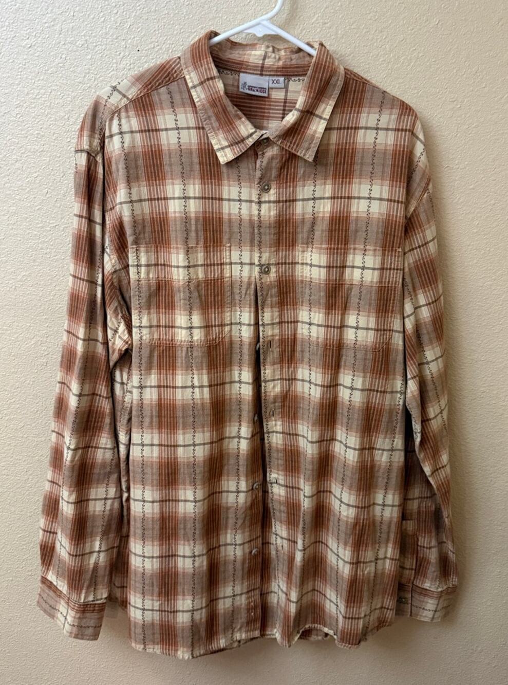 Gramicci brown cream plaid long sleeve button XXL GORPcore hiking climbing XXL